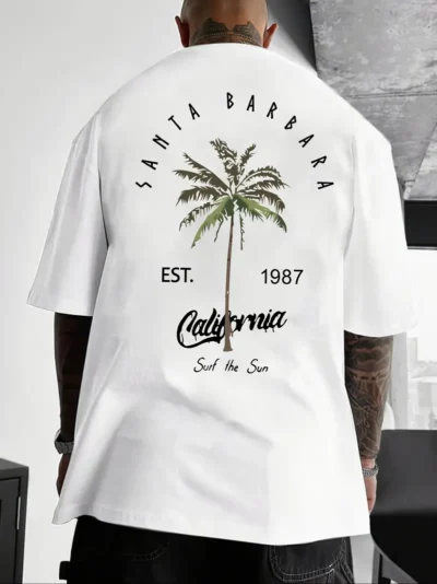 Summer Vibes Coconut Trees Print Crew Neck Short Sleeve T-Shirt - Soft Knitted Fabric, Slight Stretch, Patterned Alphabets Design, Casual Fashion Top for Men - Hand Wash or Professional Dry Clean, Perfect for Daily Wear