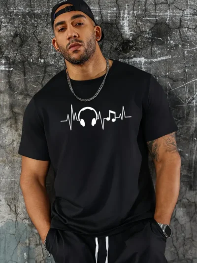 Music Headphone Creative Print, Men's Casual Round Neck T-Shirt, Simplistic Style, Comfortable Fit For Everyday Wear