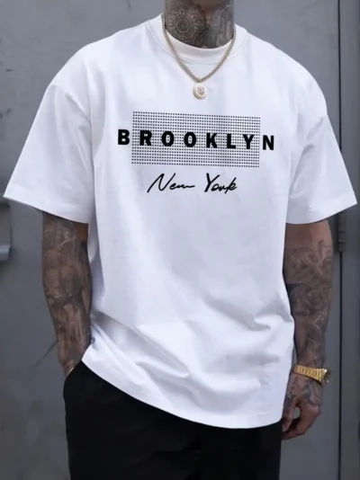 Free shipping special for you Exclusive offer Stylish Brooklyn Letter Print T-Shirt - Men's Casual Short Sleeve Round Neck Polyester & Elastane Blend Tee - Machine Washable, Breathable, Comfortable Summer Wear for Outdoor Activities