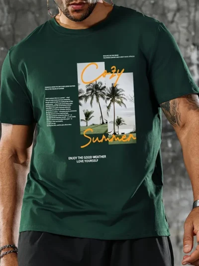 " Summer" Landscape Creative Print Men's Short Sleeve T-Shirt, Casual Round Neck Top, Versatile And Comfortable Tee, Spring& Summer Collection