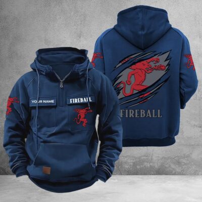 Personalized Fireball Multi-Pockets Zip-Up Hoodie