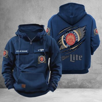 Personalized Miller Lite Multi-Pockets Zip-Up Hoodie