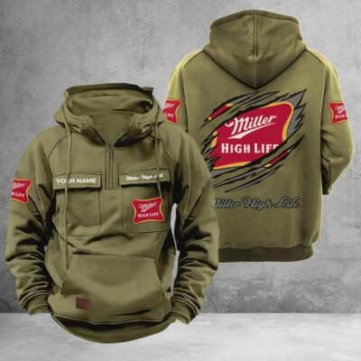 Personalized Miller High Life Multi-Pockets Zip-Up Hoodie