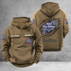 Personalized Pabst Blue Ribbon Multi-Pockets Zip-Up Hoodie