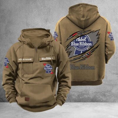 Personalized Pabst Blue Ribbon Multi-Pockets Zip-Up Hoodie