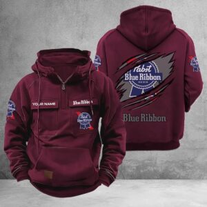 Personalized Pabst Blue Ribbon Multi-Pockets Zip-Up Hoodie