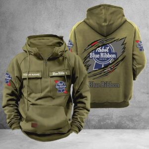 Personalized Pabst Blue Ribbon Multi-Pockets Zip-Up Hoodie